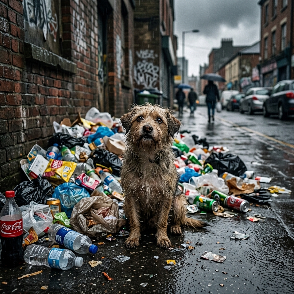 Abandoned dog in polluted street